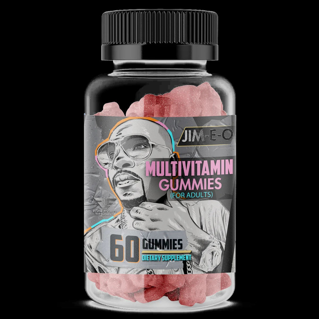 Tasty Adult Multivitamin Gummies - Jim-E-O Daily Health Boost - black background